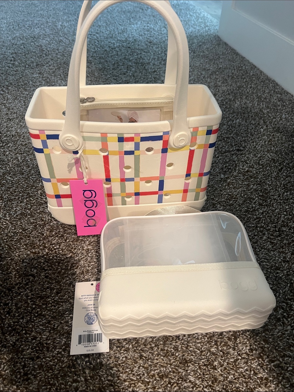 BOGG BAG White Mini Tote with Multicolor Plaid